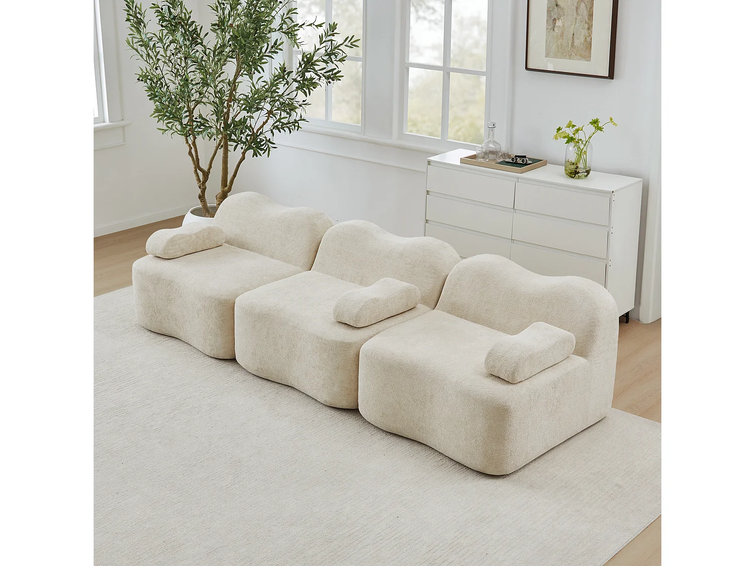Canapé modulable 3 places en velours avec accoudoirs amovibles - Beige