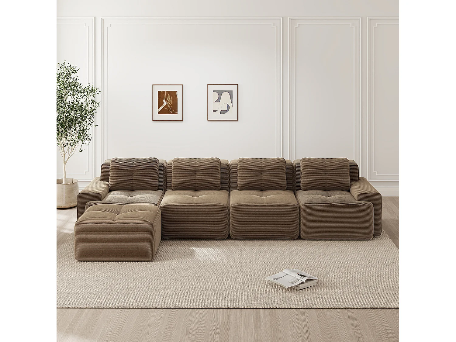 Sofá modular de 4 plazas, 382 cm, de pana con otomana - Marrón