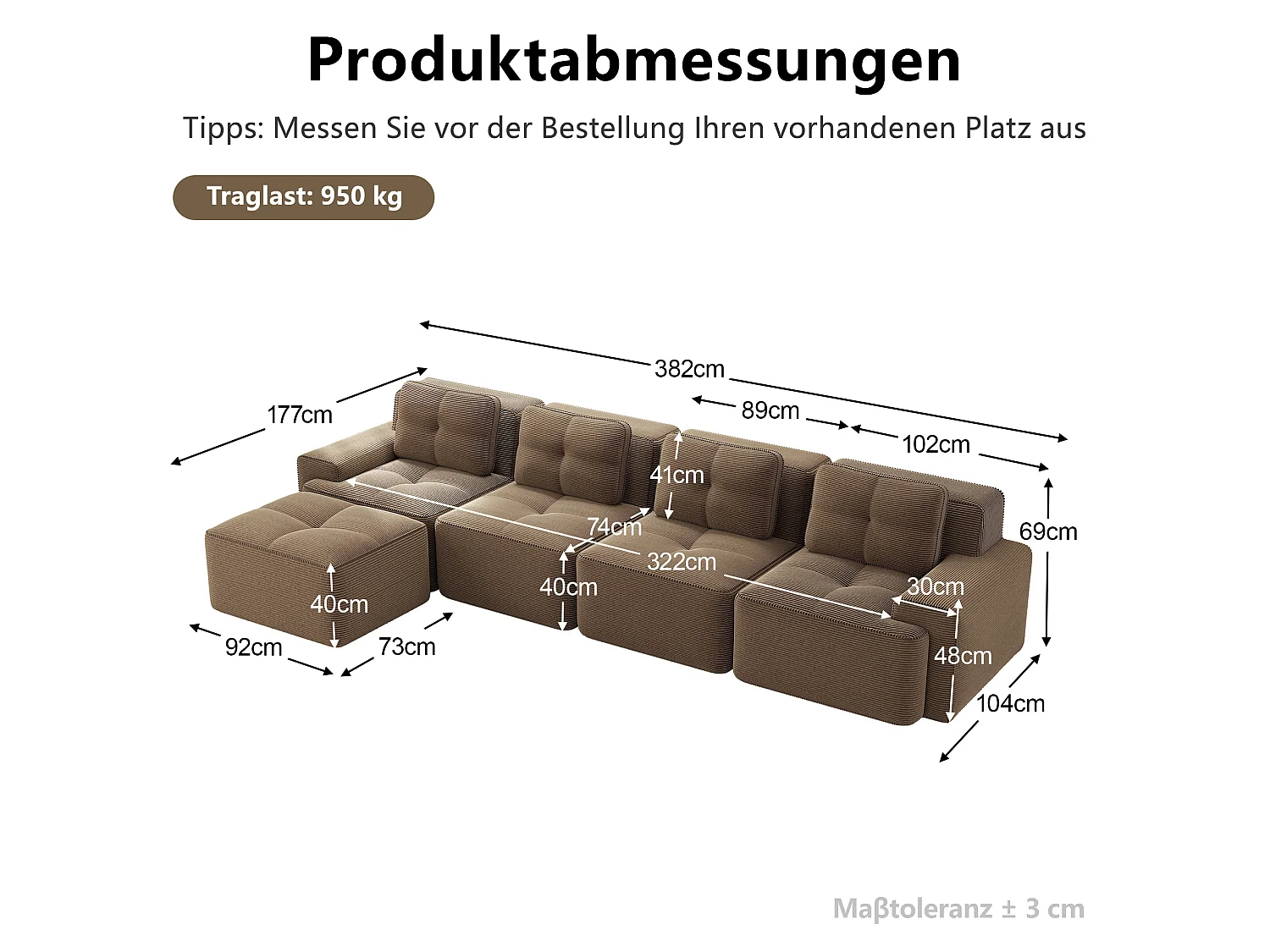 Sofá modular de 4 plazas, 382 cm, de pana con otomana - Marrón