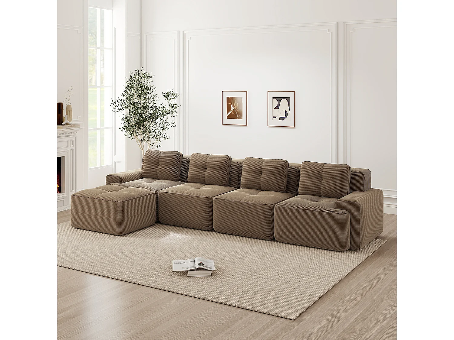 Sofá modular de 4 plazas, 382 cm, de pana con otomana - Marrón