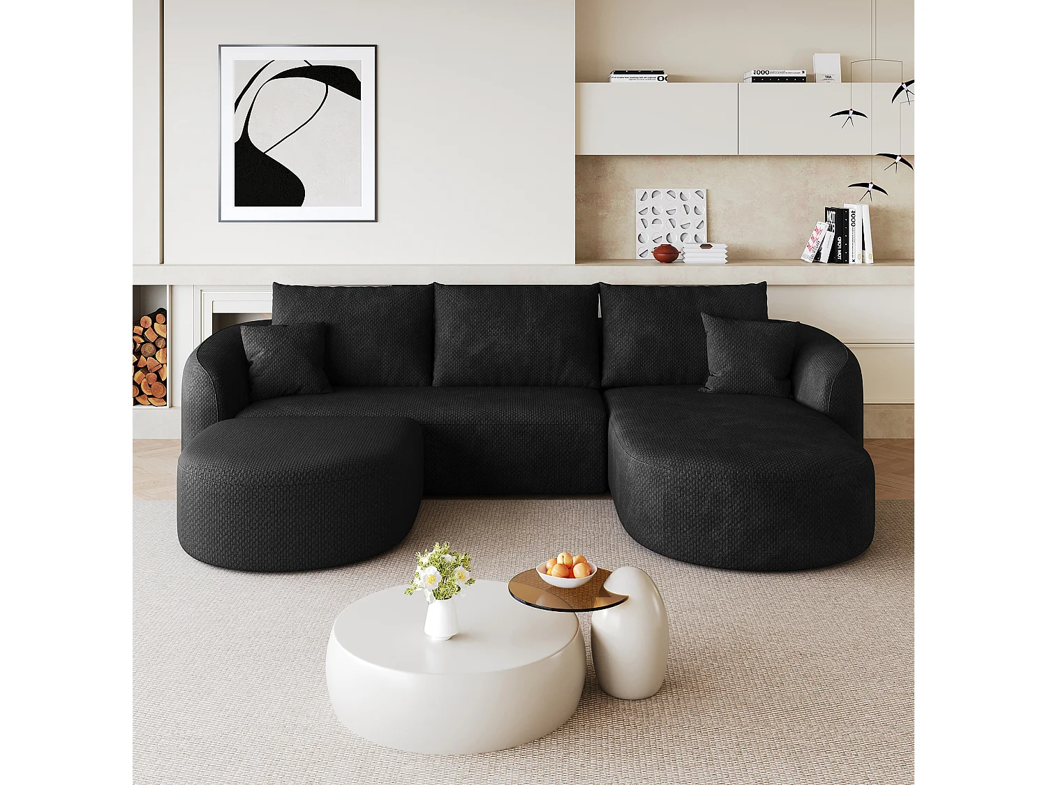 Canapé d'angle modulable en L 3 places en chenille avec pouf - Noir