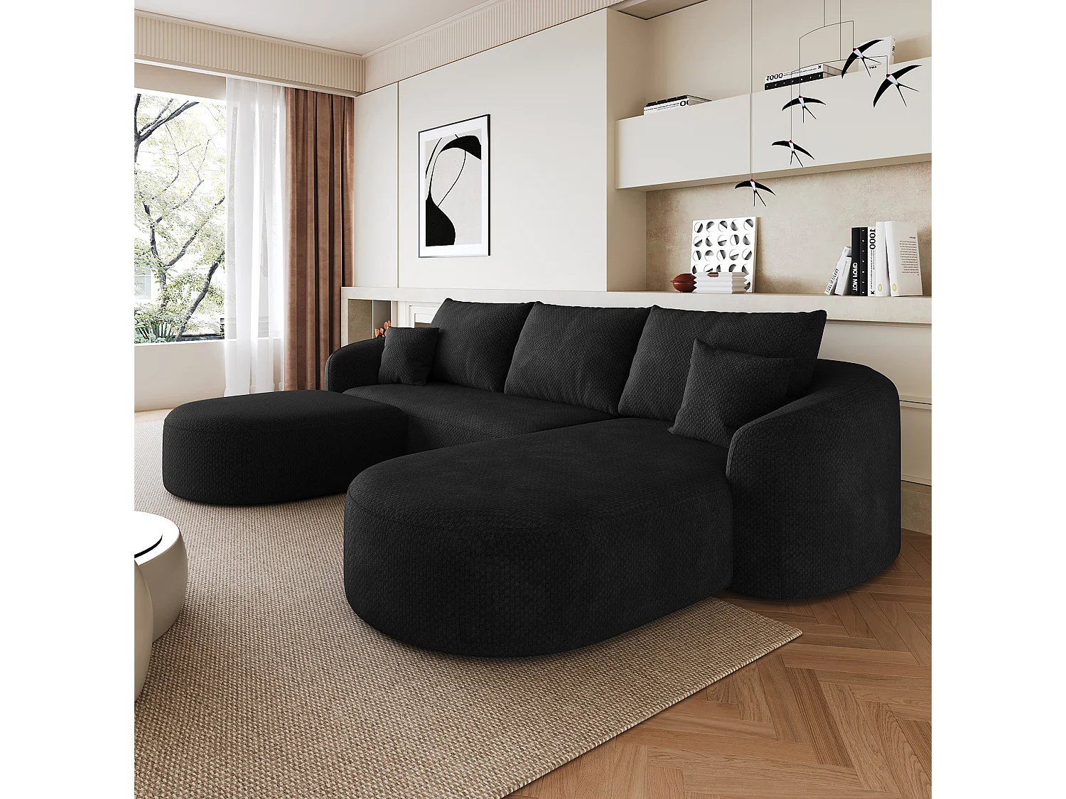 Canapé d'angle modulable en L 3 places en chenille avec pouf - Noir