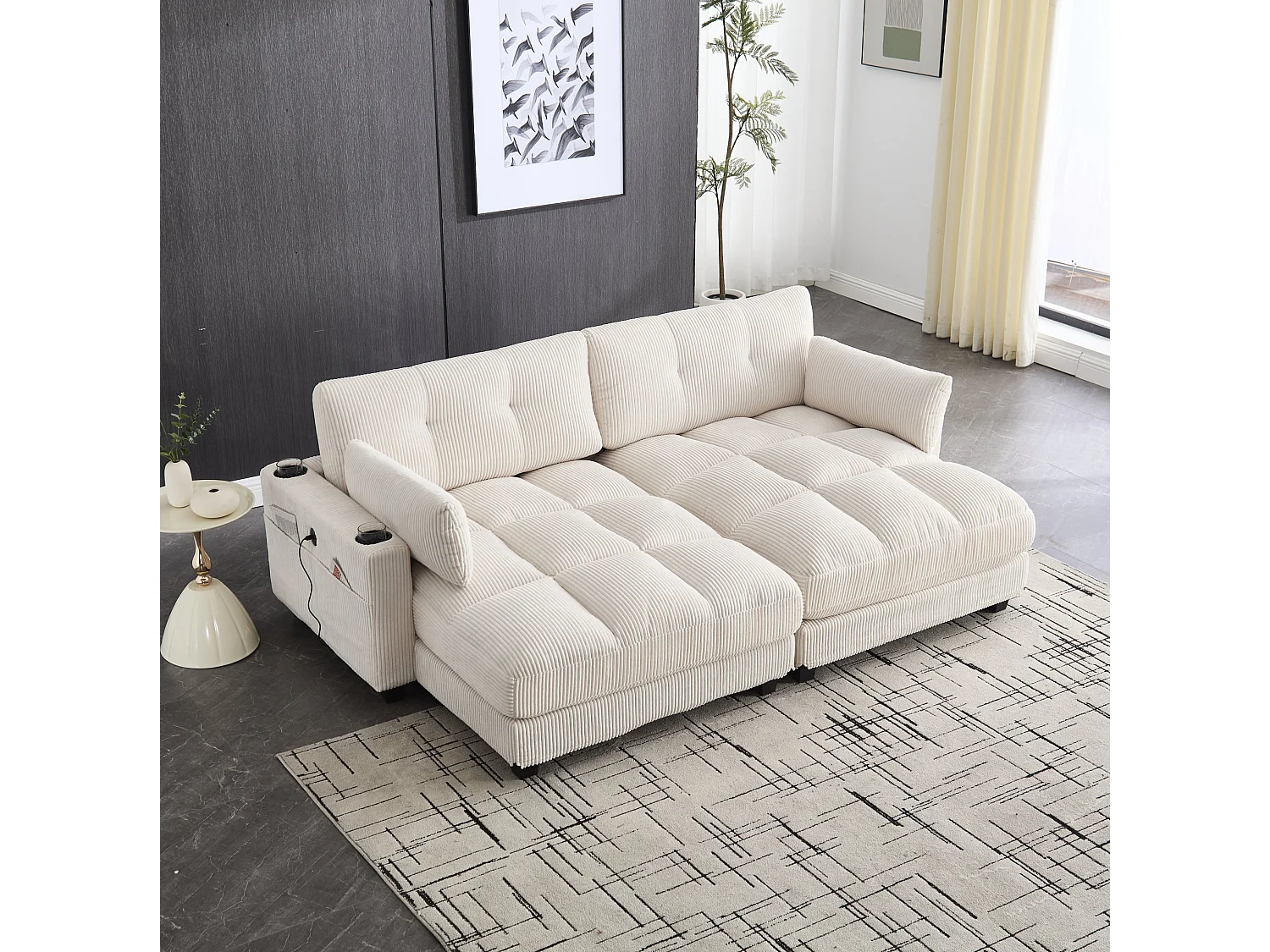 Canapé modulable 2 places en velours côtelé avec 2 coussins et ports USB - Beige