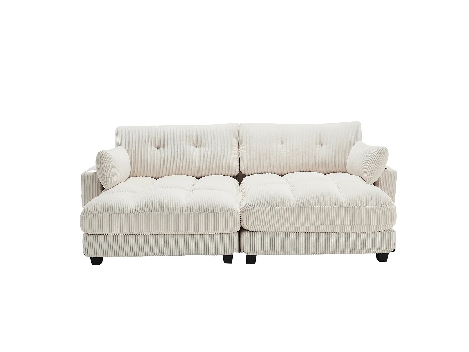 Canapé modulable 2 places en velours côtelé avec 2 coussins et ports USB - Beige