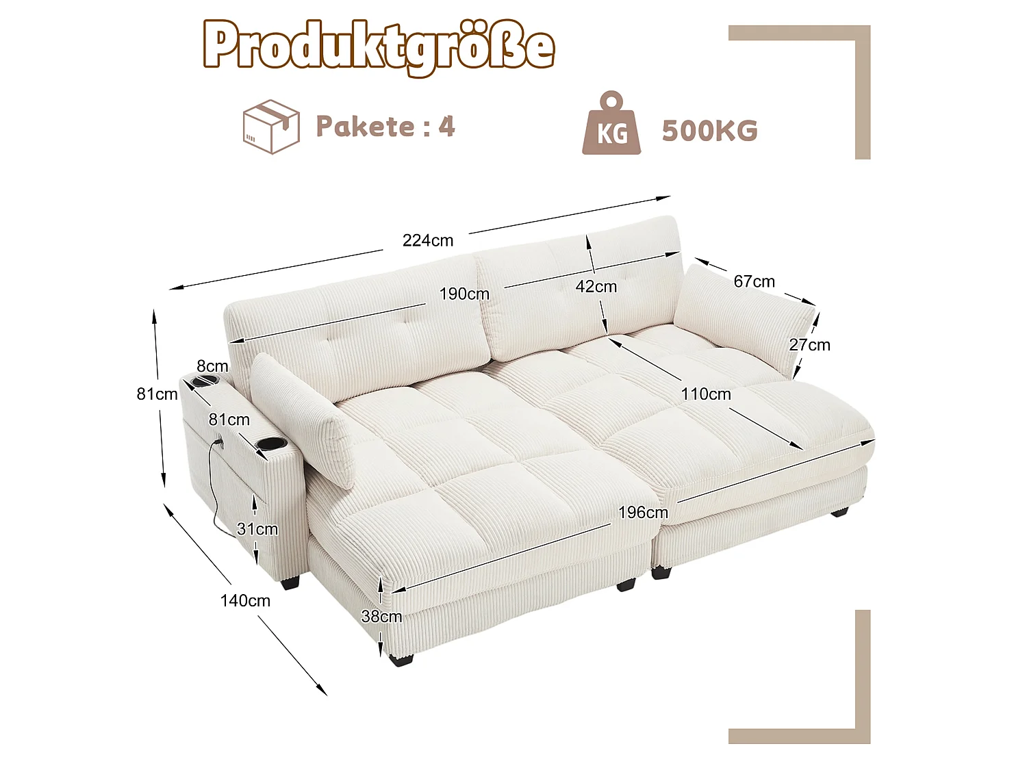Canapé modulable 2 places en velours côtelé avec 2 coussins et ports USB - Beige