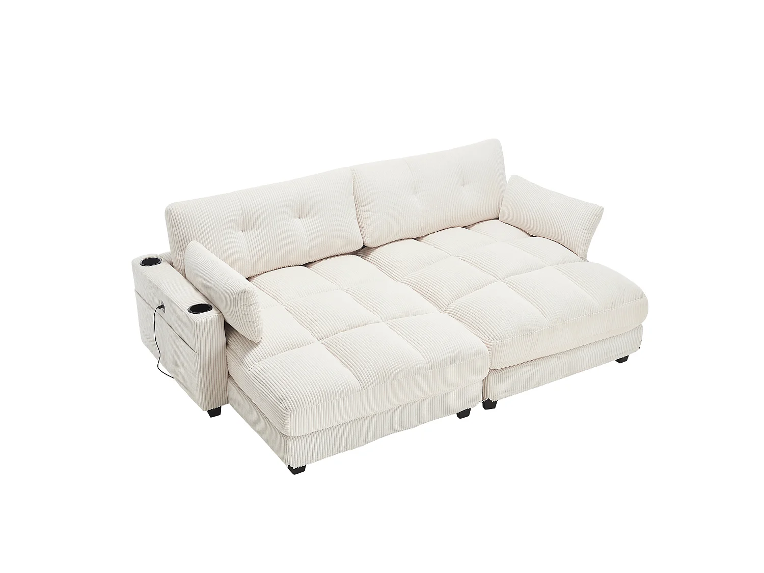 Canapé modulable 2 places en velours côtelé avec 2 coussins et ports USB - Beige