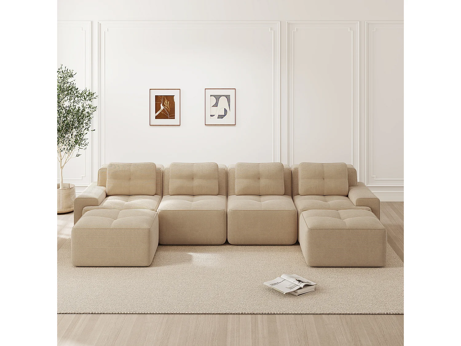 Sofá modular de 4 plazas, 382 cm, de pana con 2 otomanas - Beige