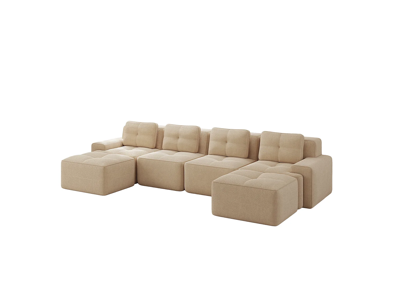 Sofá modular de 4 plazas, 382 cm, de pana con 2 otomanas - Beige