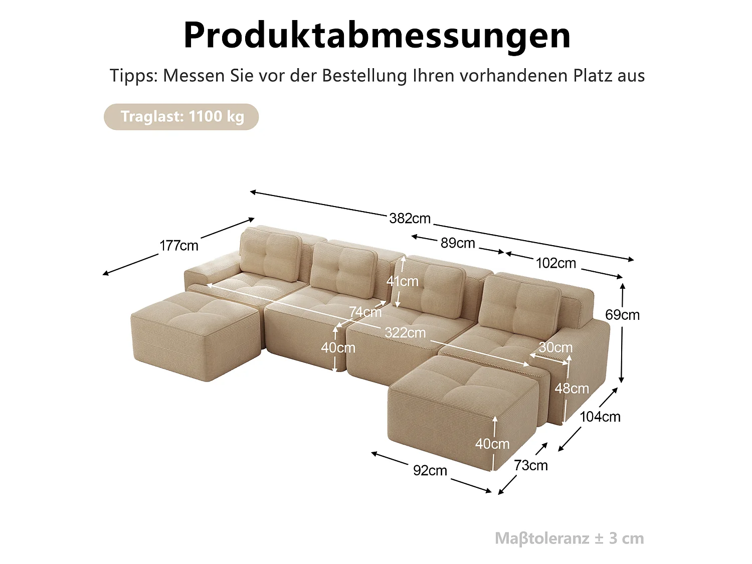 Sofá modular de 4 plazas, 382 cm, de pana con 2 otomanas - Beige