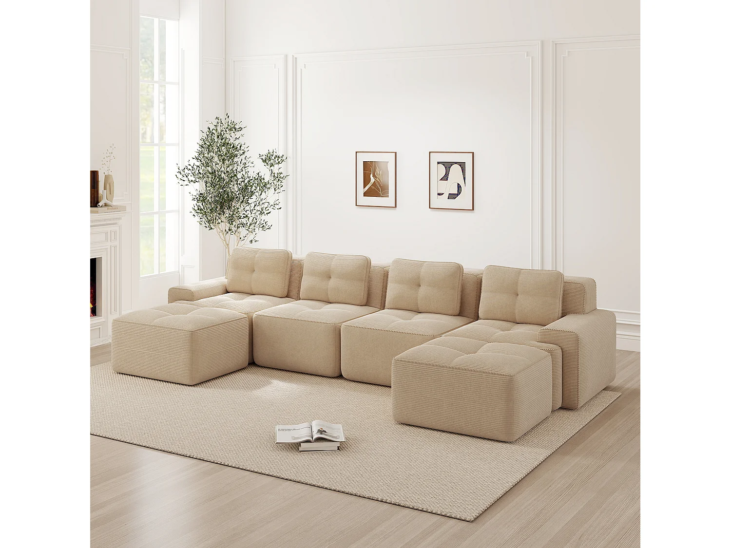 Sofá modular de 4 plazas, 382 cm, de pana con 2 otomanas - Beige