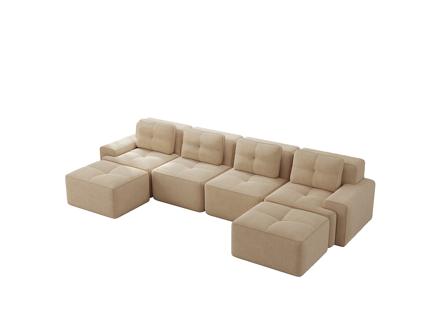 Sofá modular de 4 plazas, 382 cm, de pana con 2 otomanas - Beige