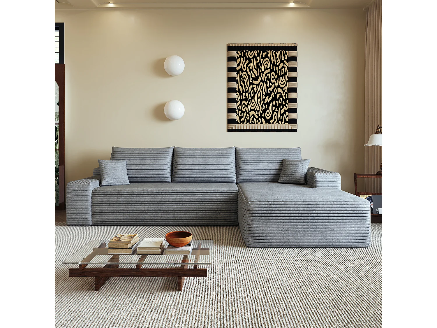 Canapé d'angle modulable 3 places 270 cm en tissu - Sans montage - Gris