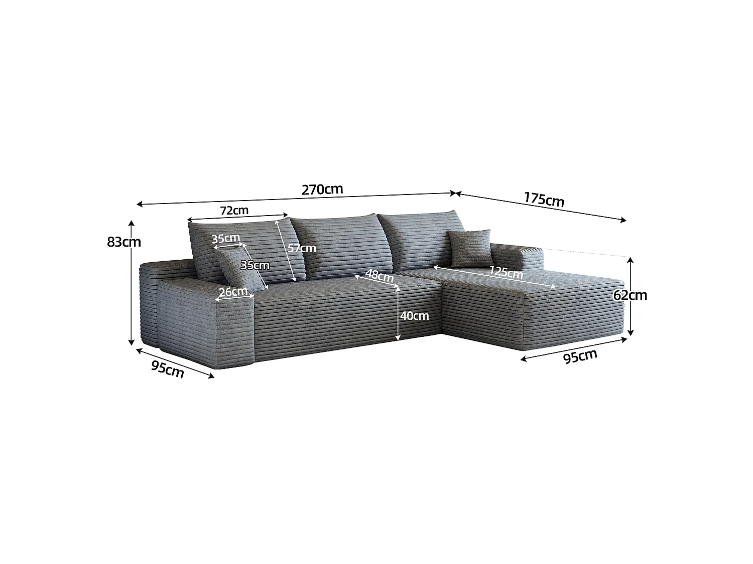 Canapé d'angle modulable 3 places 270 cm en tissu - Sans montage - Gris