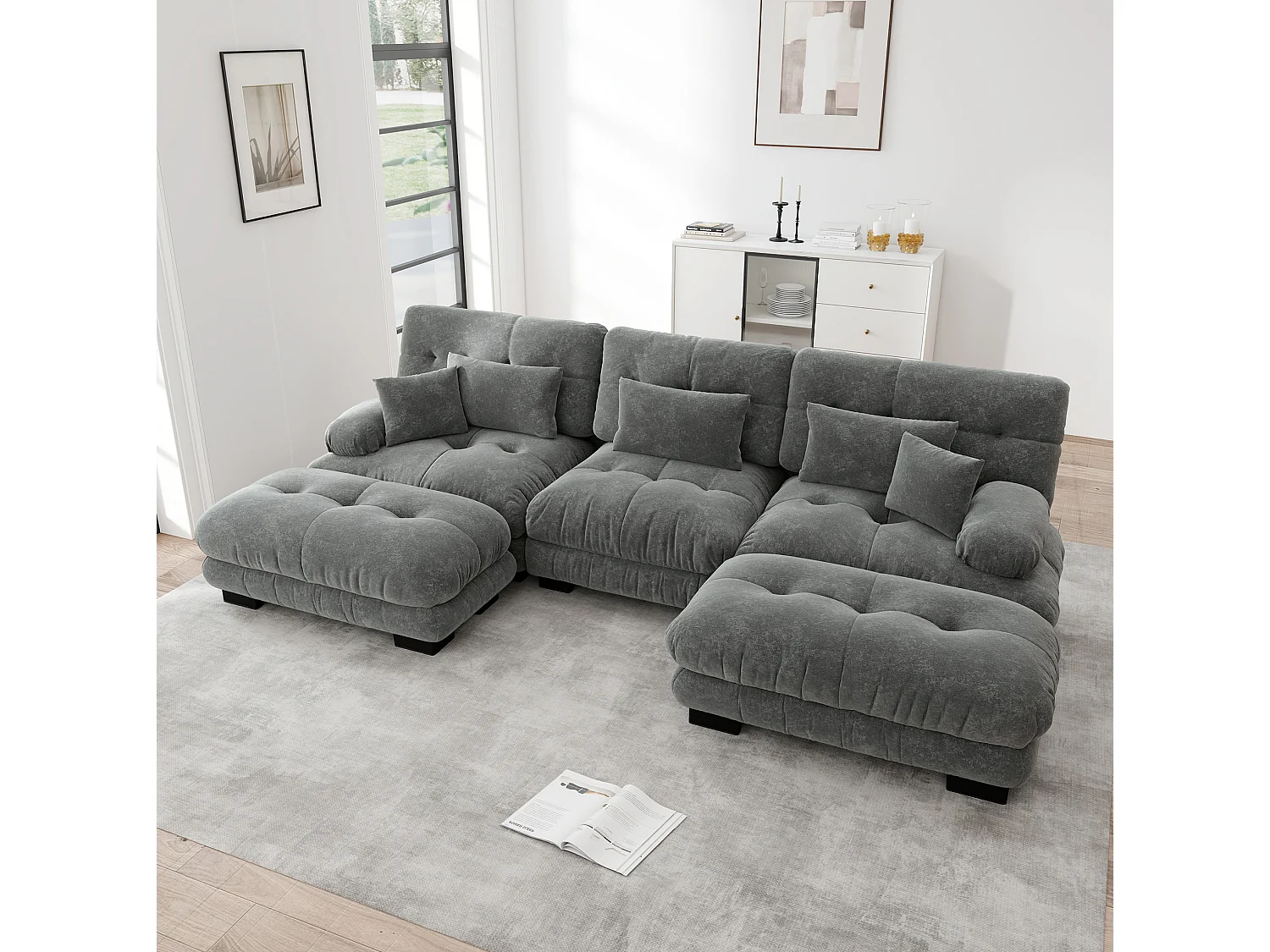 Canapé modulable 3 places 313 cm avec 2 poufs - Tissu chenille gris