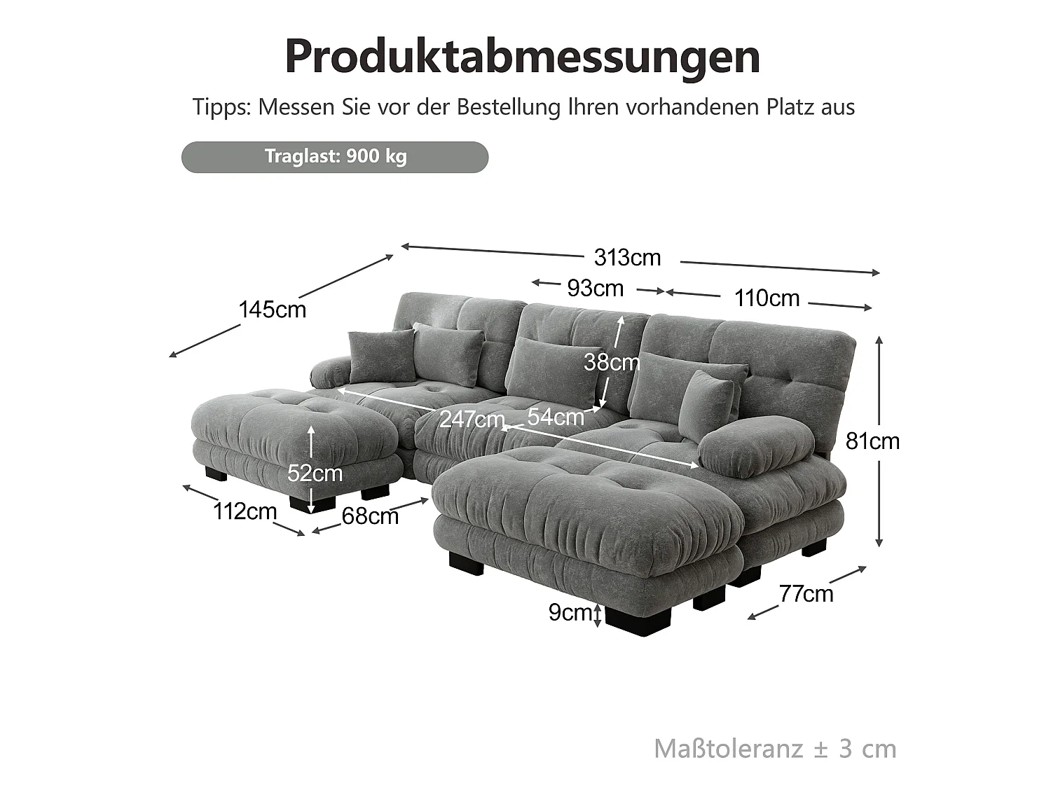 Canapé modulable 3 places 313 cm avec 2 poufs - Tissu chenille gris