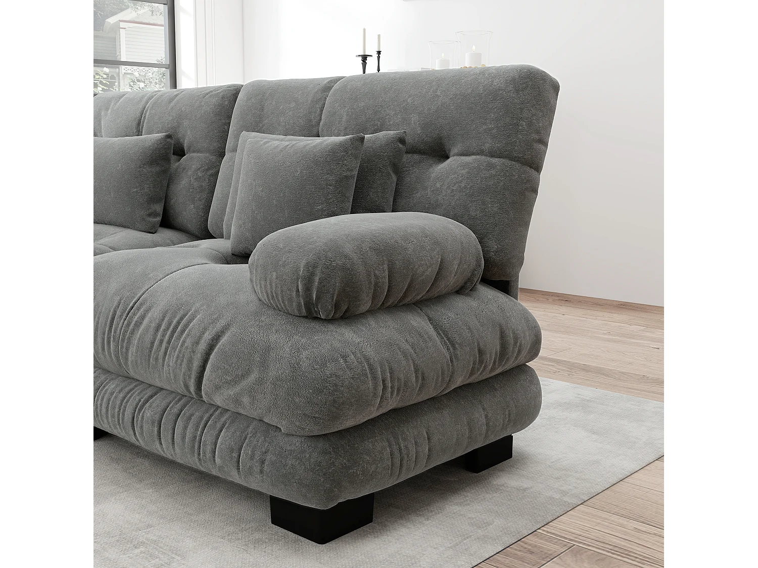 Canapé modulable 3 places 313 cm avec 2 poufs - Tissu chenille gris