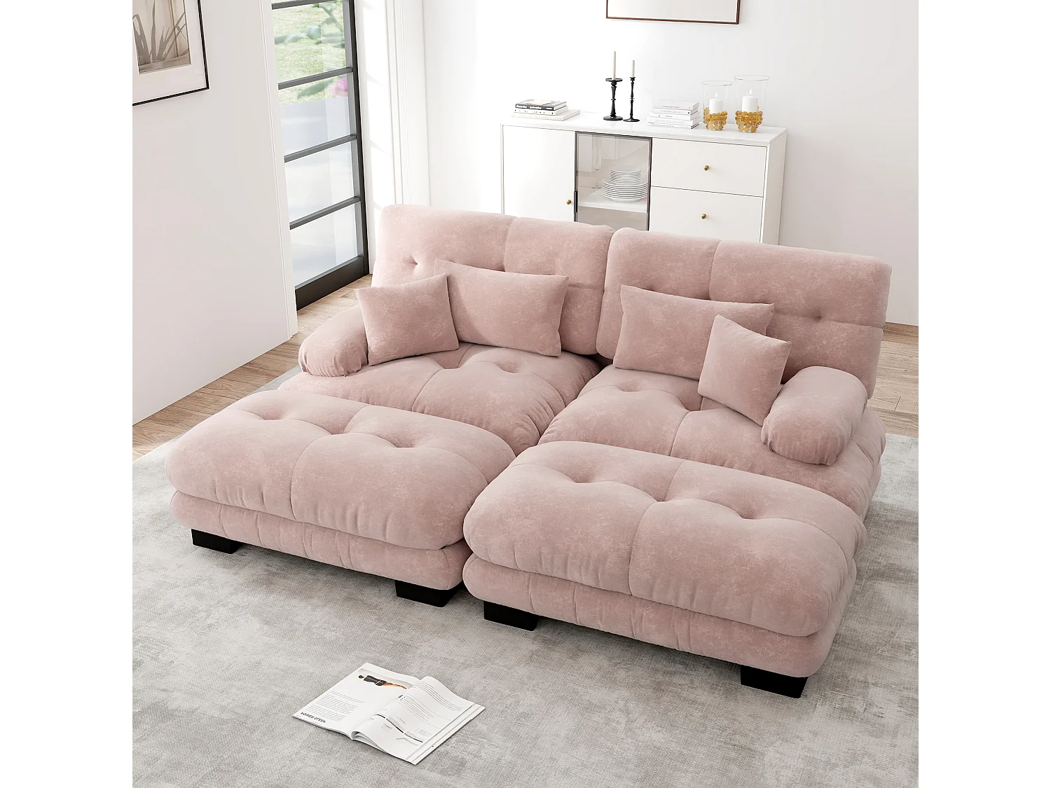Divano componibile a 2 posti in ciniglia con cuscini e 2 pouf - Rosa