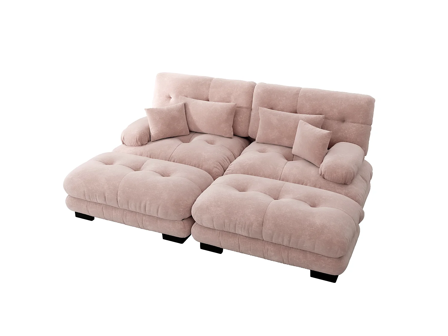 Divano componibile a 2 posti in ciniglia con cuscini e 2 pouf - Rosa