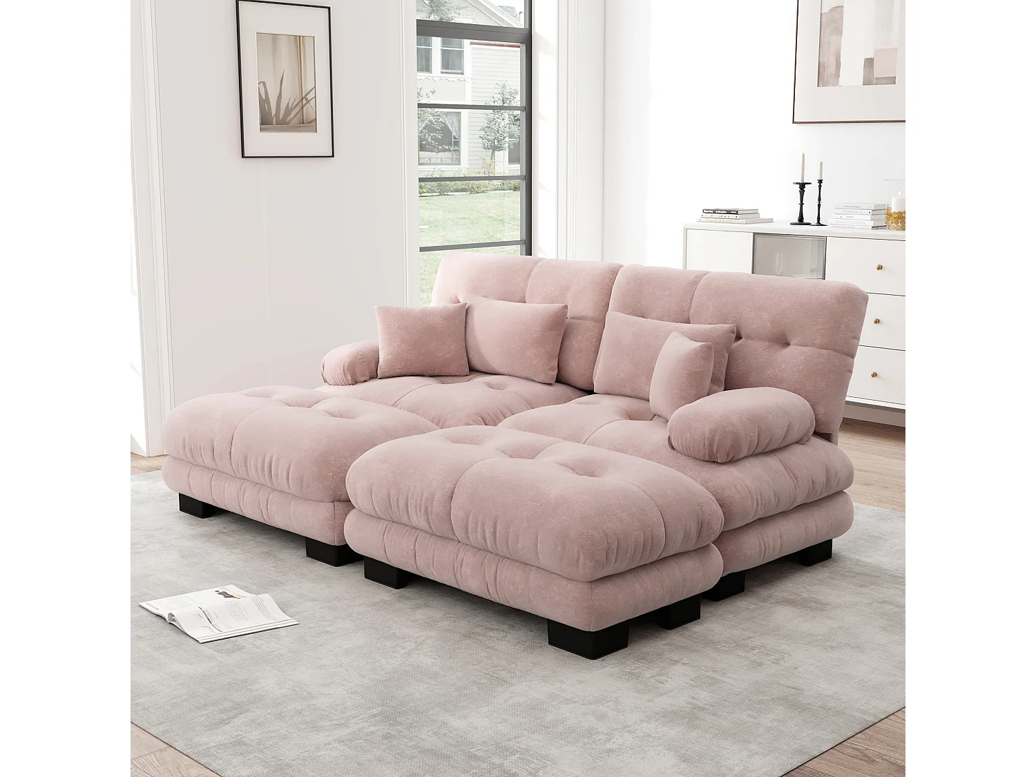 Divano componibile a 2 posti in ciniglia con cuscini e 2 pouf - Rosa