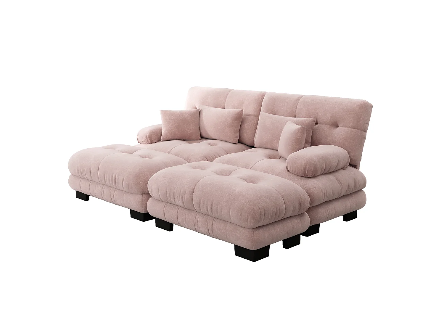 Divano componibile a 2 posti in ciniglia con cuscini e 2 pouf - Rosa