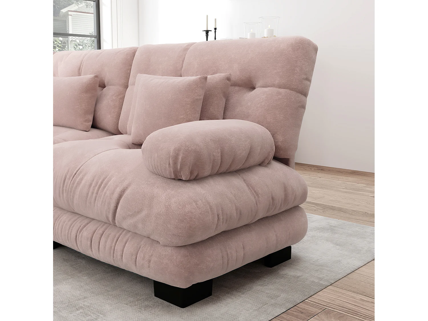 Divano componibile a 2 posti in ciniglia con cuscini e 2 pouf - Rosa