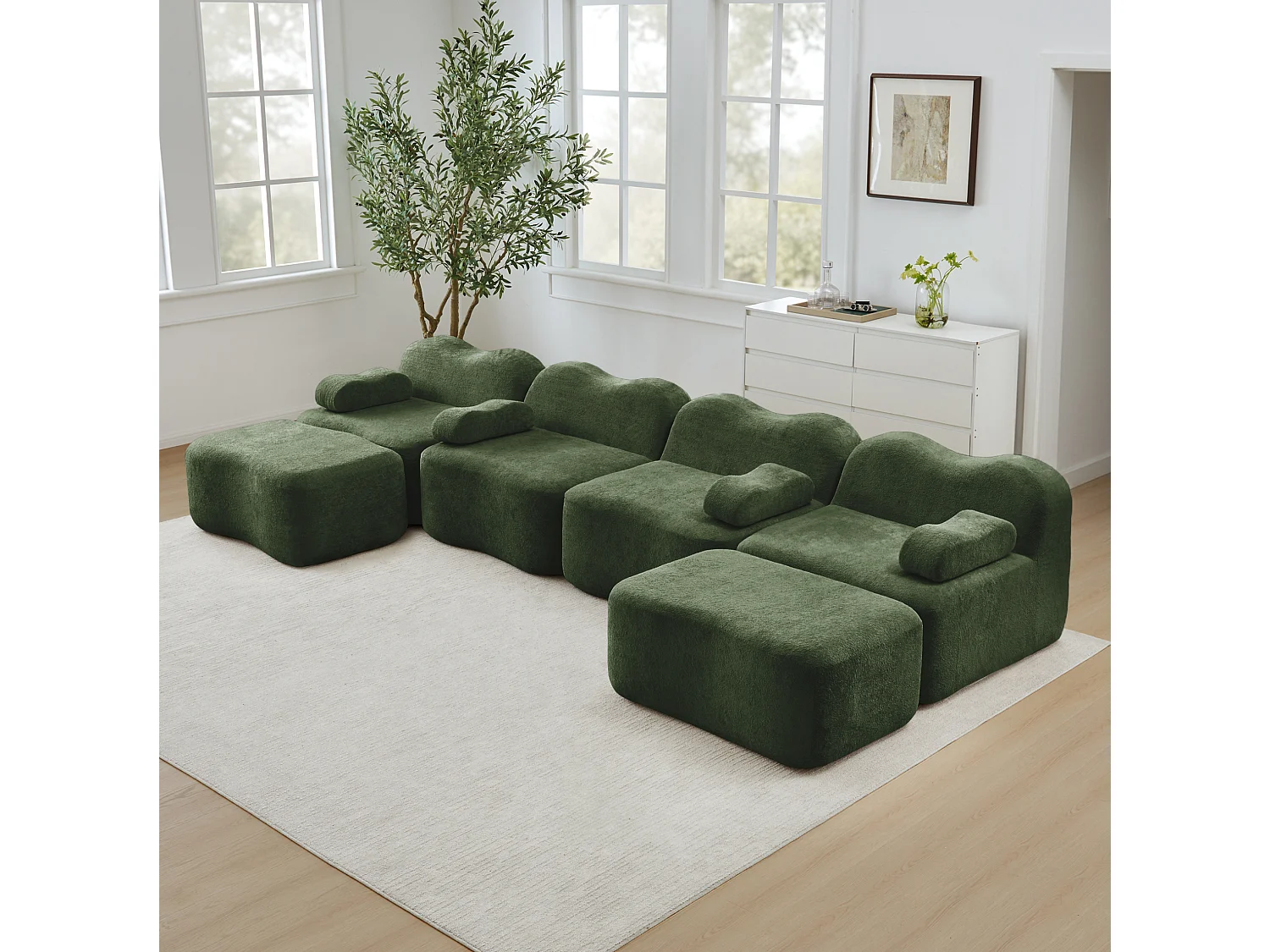 Sofá modular de 4 plazas, 384 cm, en terciopelo con 2 otomanas - Verde