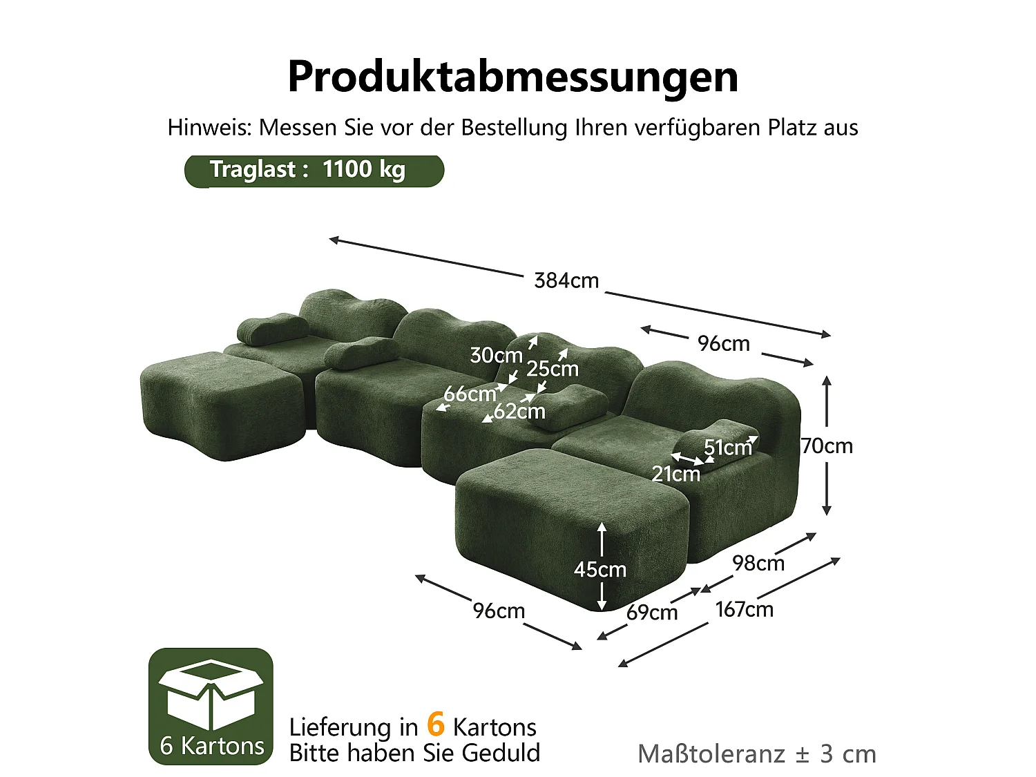 Sofá modular de 4 plazas, 384 cm, en terciopelo con 2 otomanas - Verde
