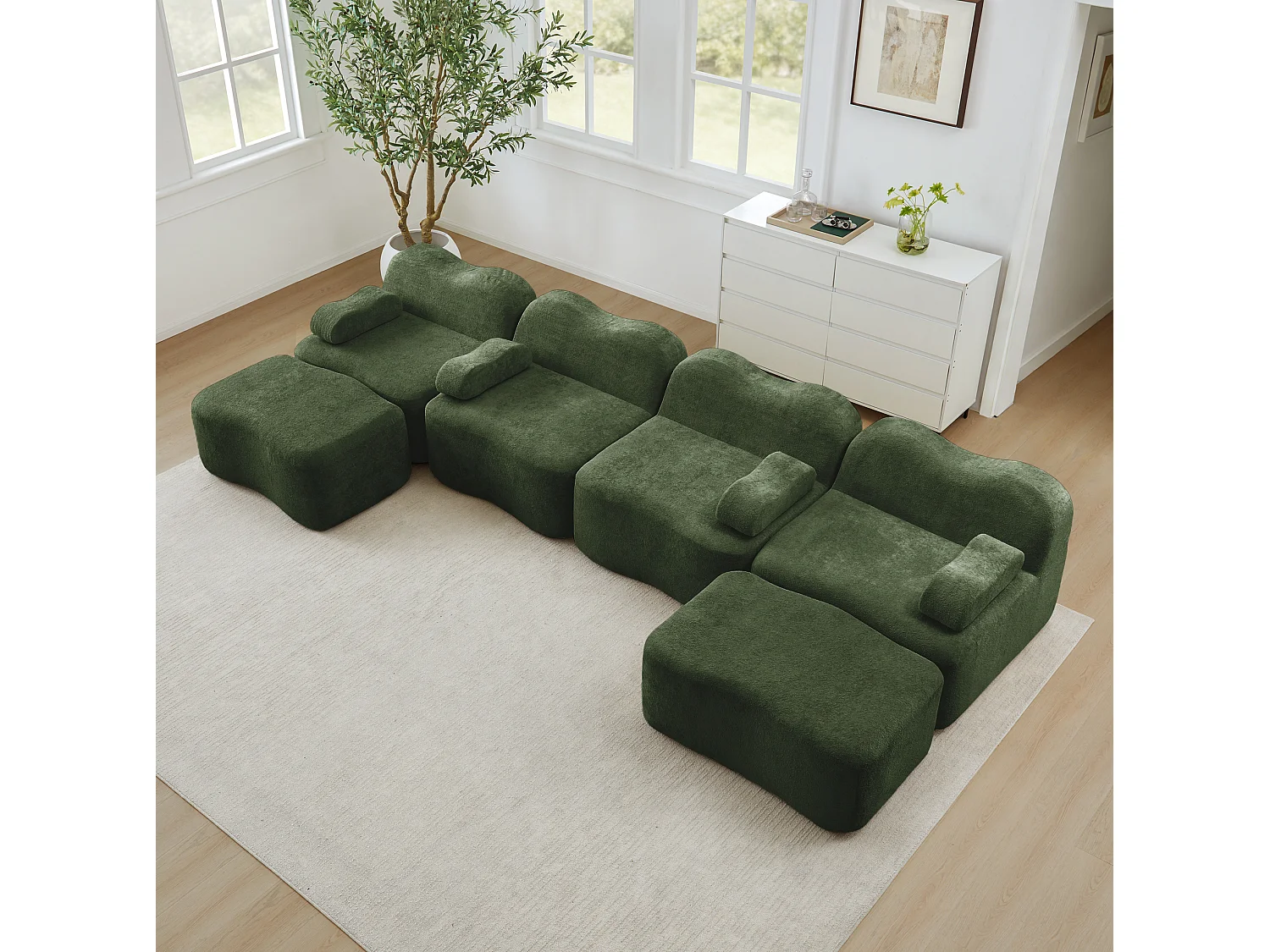Sofá modular de 4 plazas, 384 cm, en terciopelo con 2 otomanas - Verde