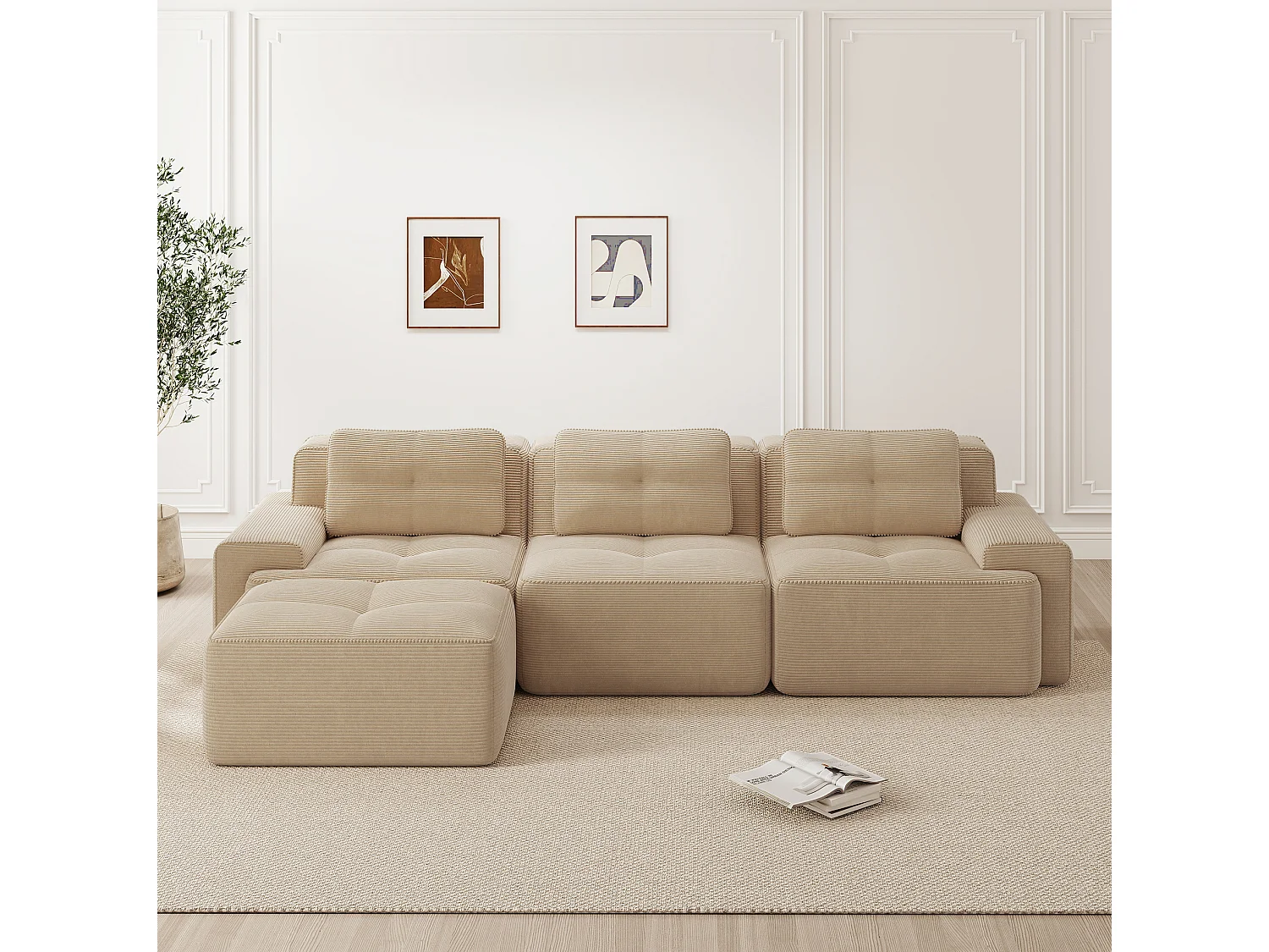 Canapé modulable 3 places avec pouf et 3 coussins - Beige