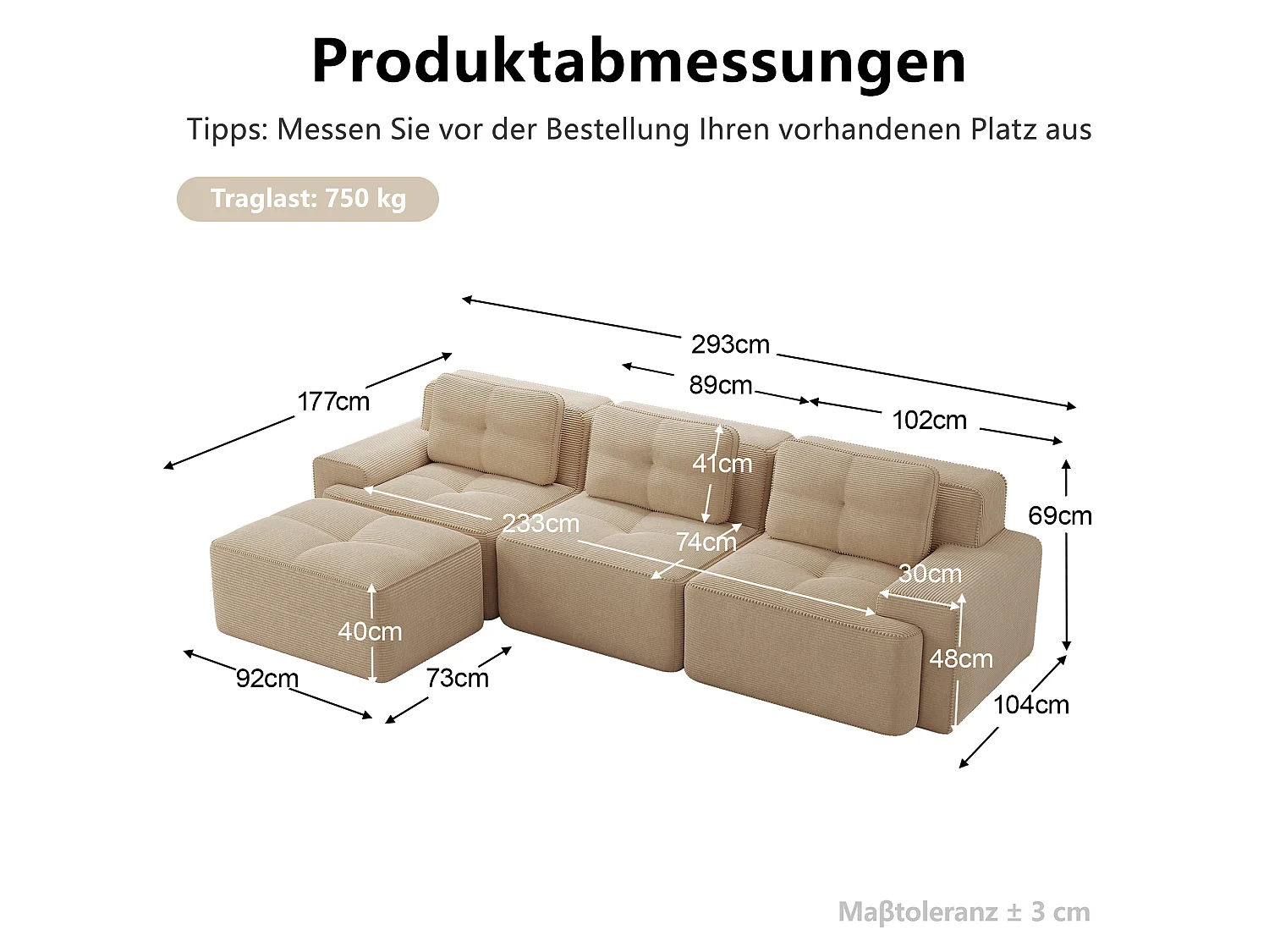 Canapé modulable 3 places avec pouf et 3 coussins - Beige