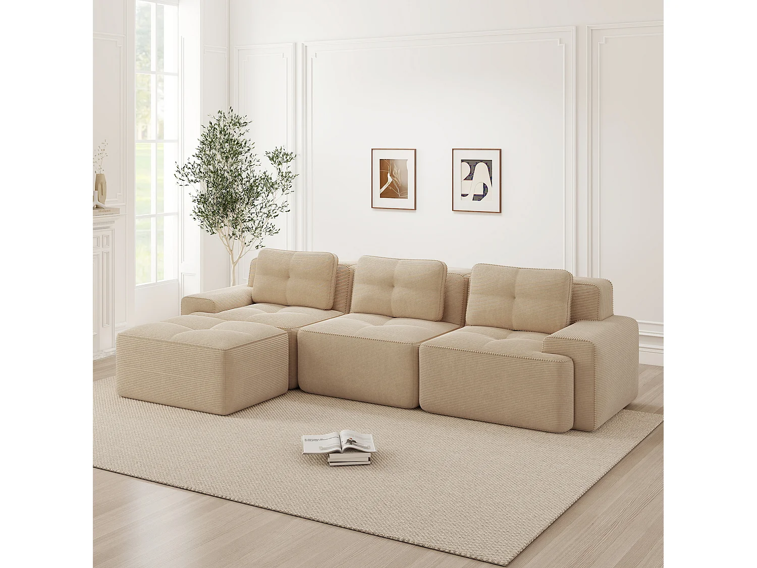 Canapé modulable 3 places avec pouf et 3 coussins - Beige