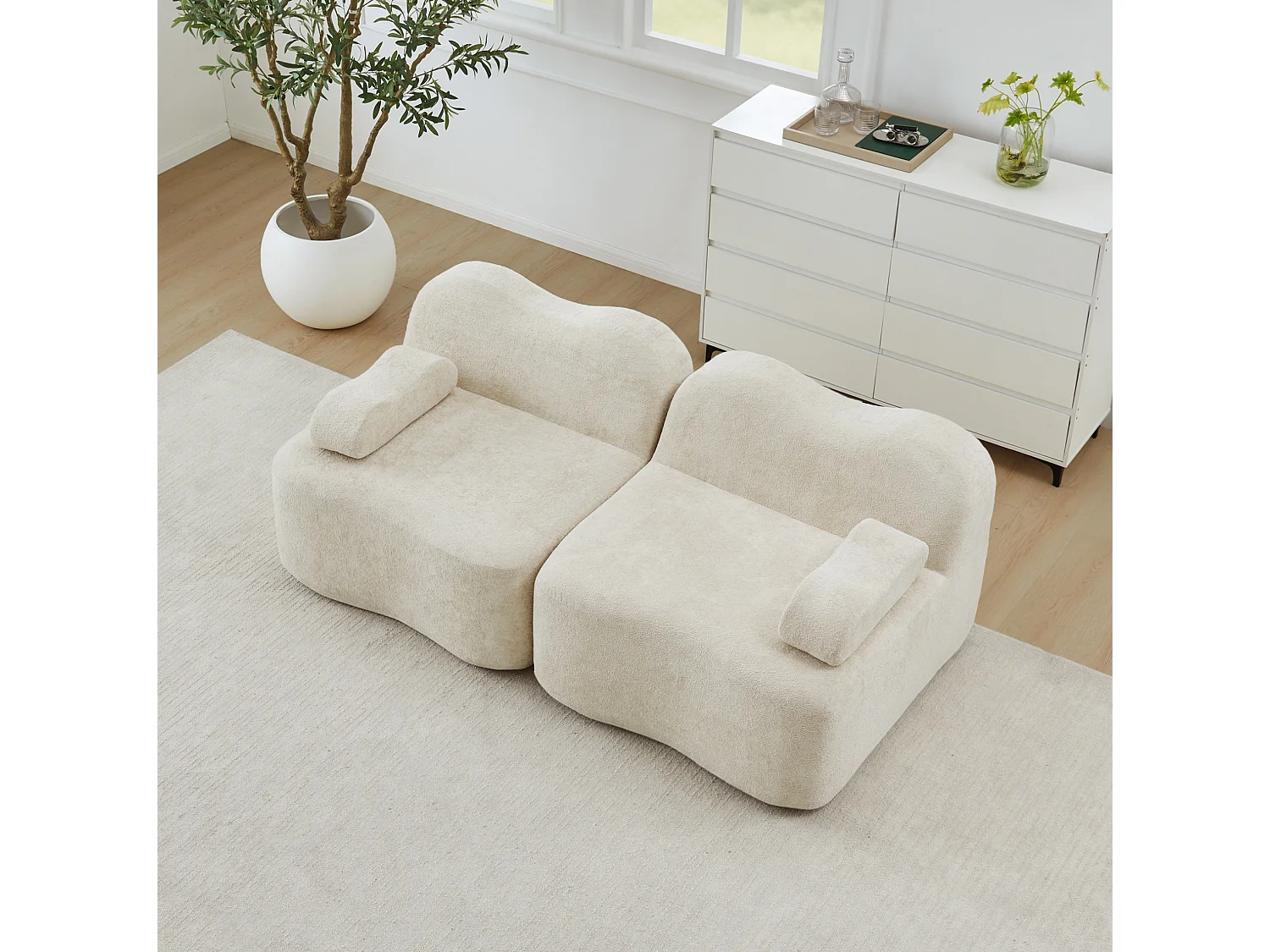 Canapé modulable 2 places en velours - Forme ondulée - Beige