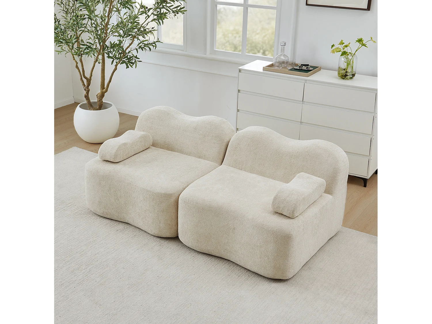 Canapé modulable 2 places en velours - Forme ondulée - Beige
