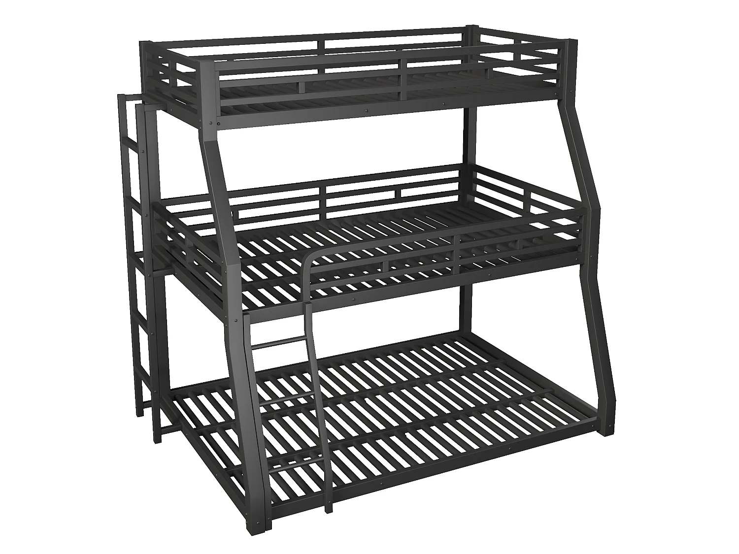 Lit superposé triple 90 x 200 / 120 x 200 / 140 x 200 cm avec 2 échelles et barrières de sécurité – Métal – Noir (Sans matelas)