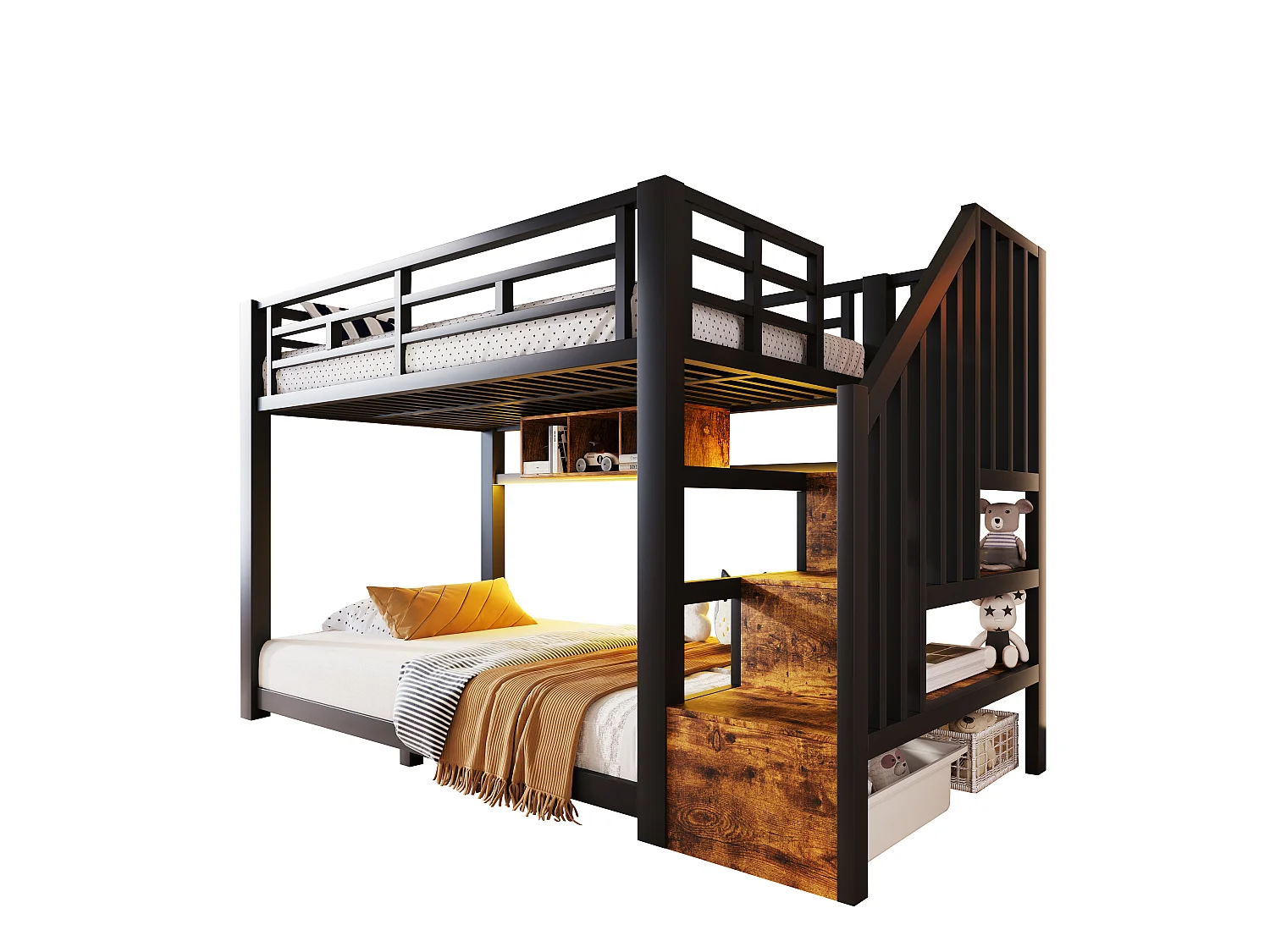 Kinderstapelbed 90 x 200 cm met trap, 3 opbergvakken, ledverlichting en veiligheidshekjes – Metaal en MDF – Zwart (Matras niet inbegrepen)