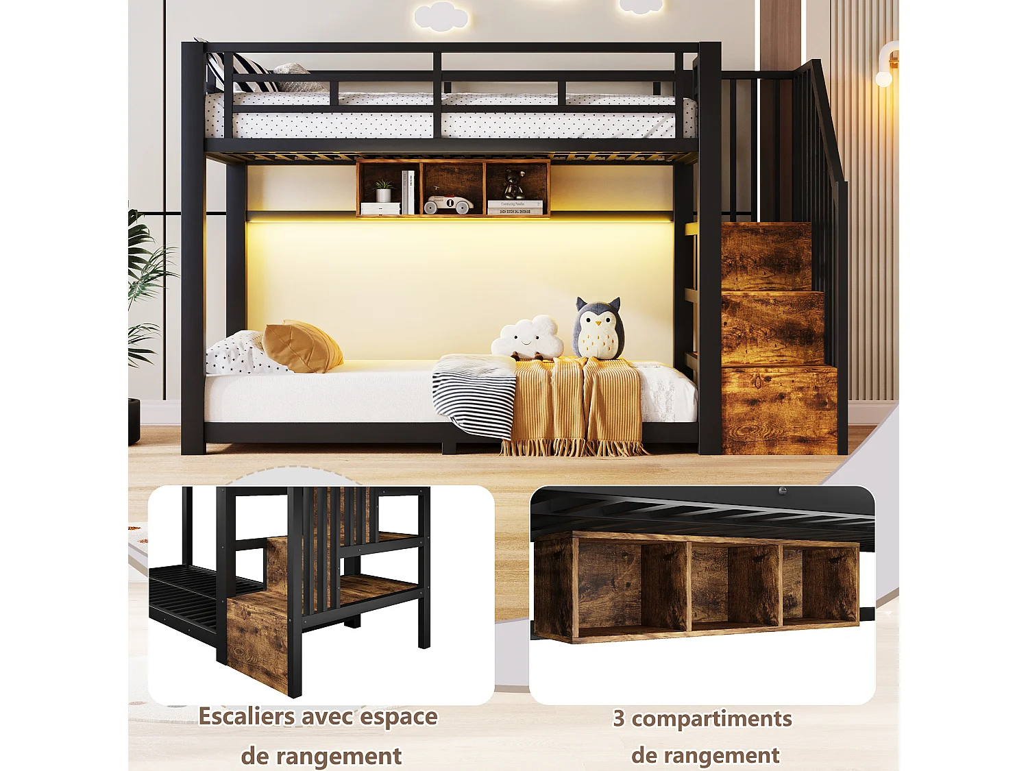 Kinderstapelbed 90 x 200 cm met trap, 3 opbergvakken, ledverlichting en veiligheidshekjes – Metaal en MDF – Zwart (Matras niet inbegrepen)