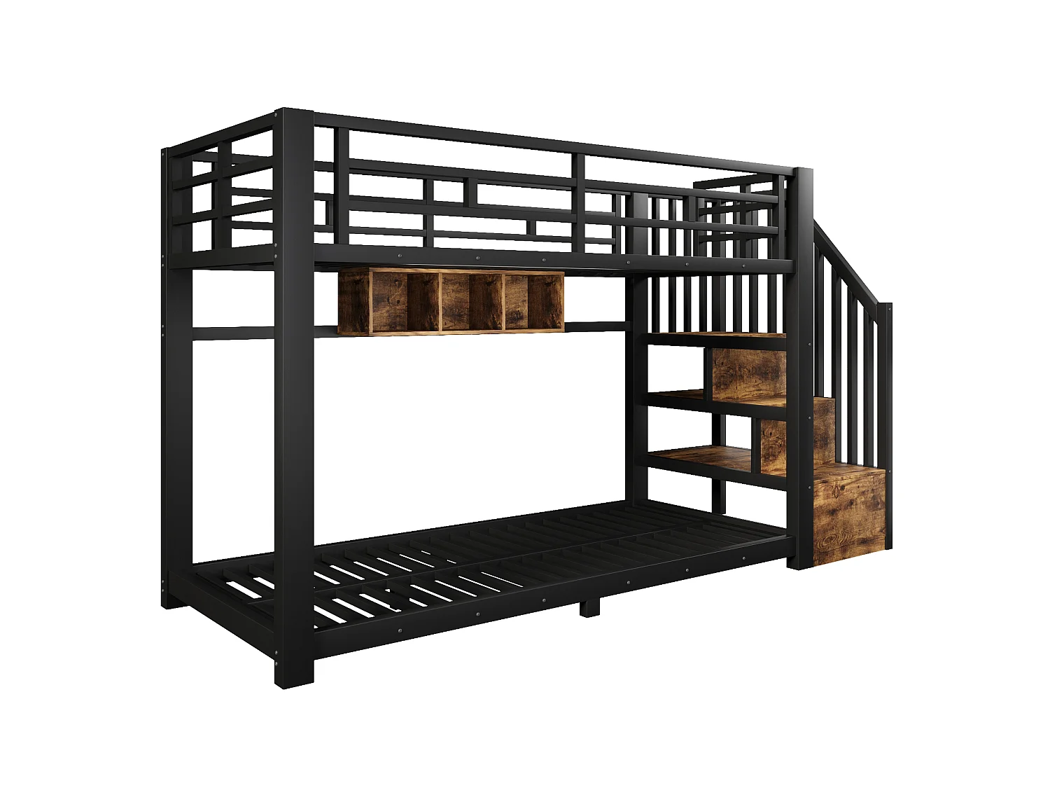 Kinderstapelbed 90 x 200 cm met trap, 3 opbergvakken, ledverlichting en veiligheidshekjes – Metaal en MDF – Zwart (Matras niet inbegrepen)