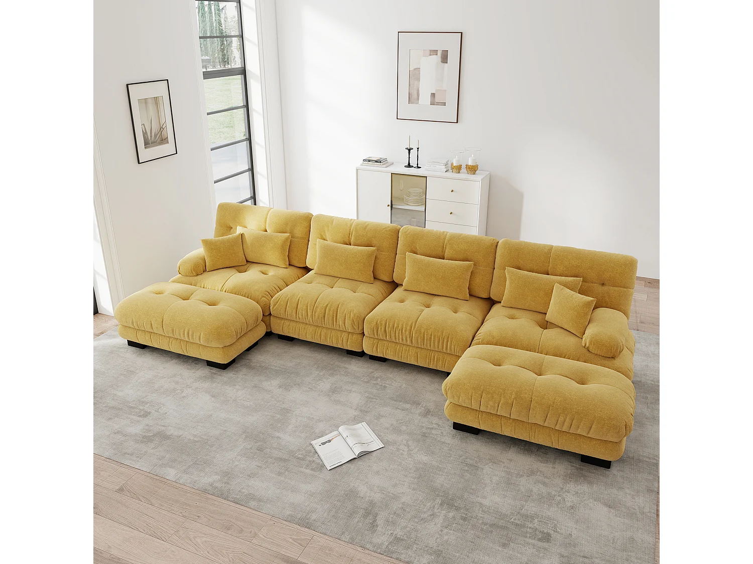 Divano angolare modulare a U a 4 posti, 406 cm, in ciniglia con 2 pouf - Giallo