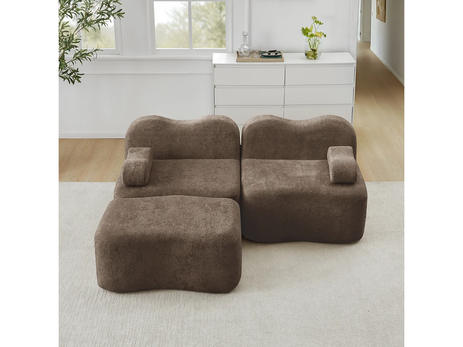Sofá modular de 2 plazas de terciopelo con otomana - Forma ondulada - Marrón