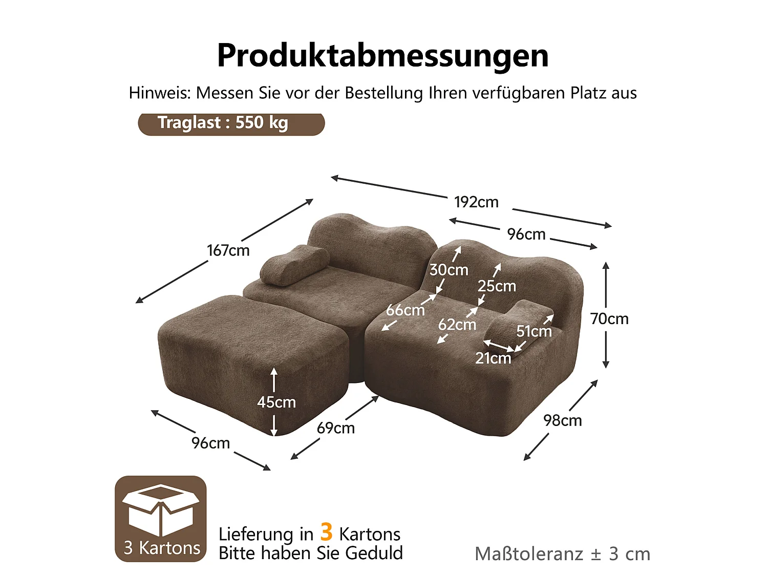 Sofá modular de 2 plazas de terciopelo con otomana - Forma ondulada - Marrón
