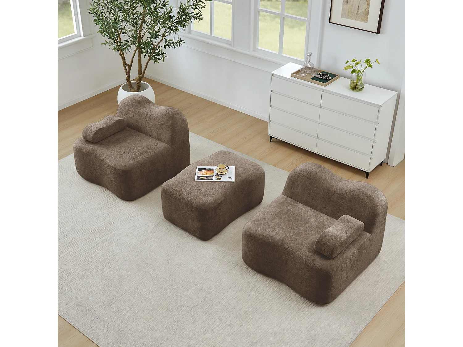 Sofá modular de 2 plazas de terciopelo con otomana - Forma ondulada - Marrón