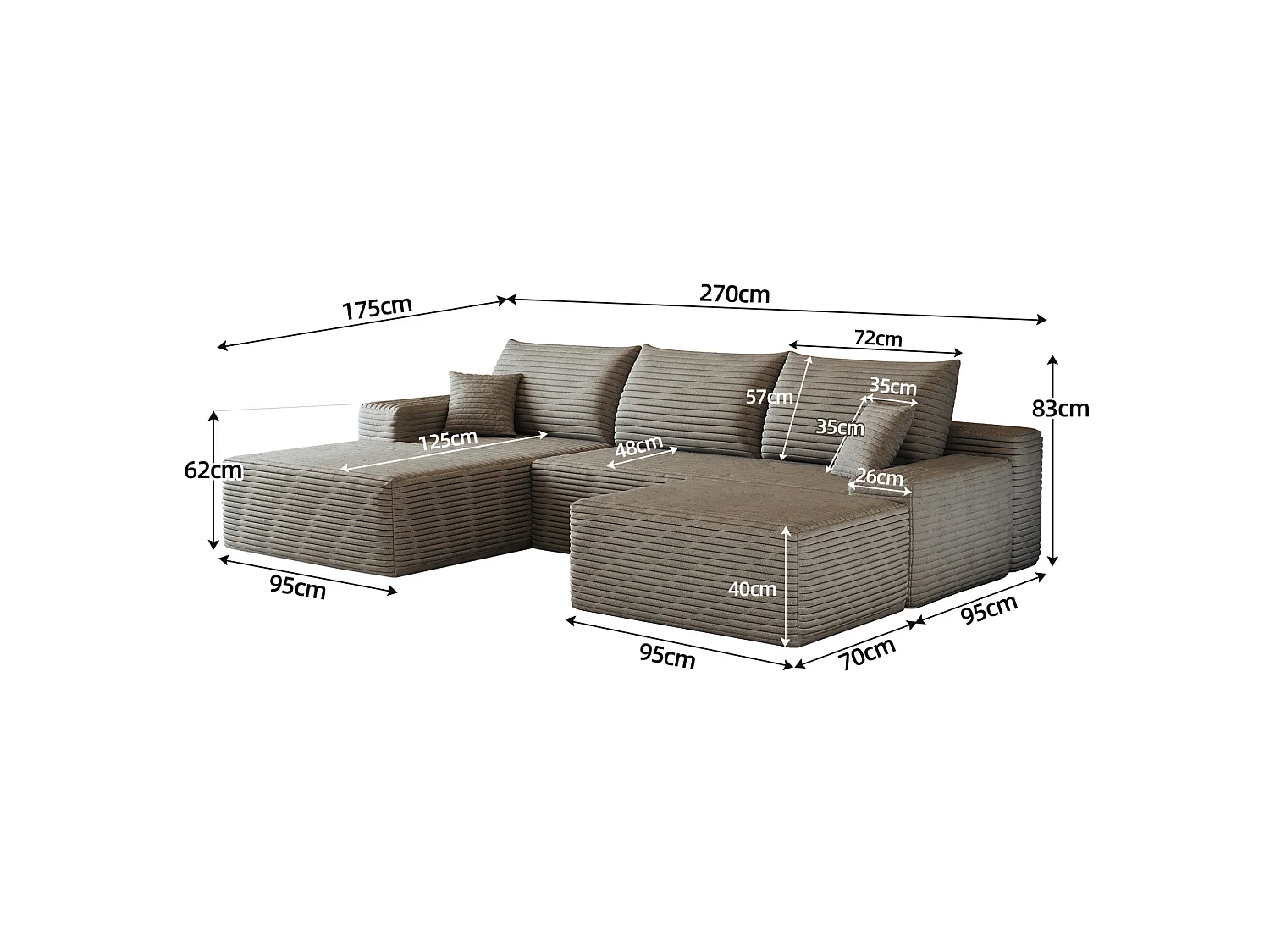 Canapé modulable 3 places 270 cm avec méridienne à gauche et pouf - Camel