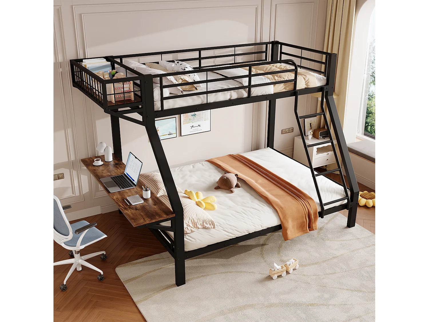 Lit superposé 90 x 200 / 140 x 200 cm avec bureau intégré et barrières de sécurité – Métal et MDF – Noir (Sans matelas)