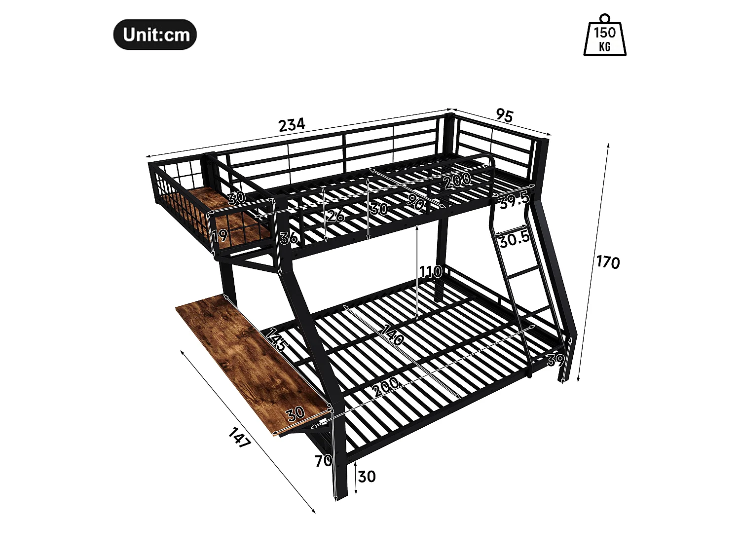 Lit superposé 90 x 200 / 140 x 200 cm avec bureau intégré et barrières de sécurité – Métal et MDF – Noir (Sans matelas)