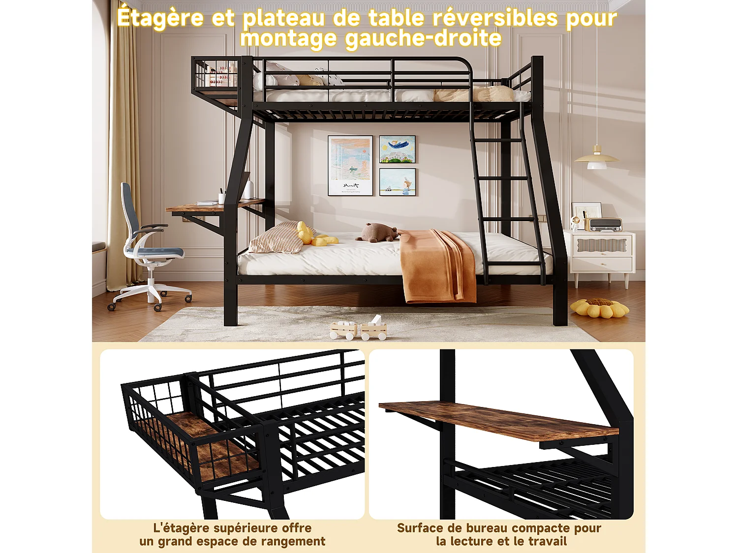 Lit superposé 90 x 200 / 140 x 200 cm avec bureau intégré et barrières de sécurité – Métal et MDF – Noir (Sans matelas)