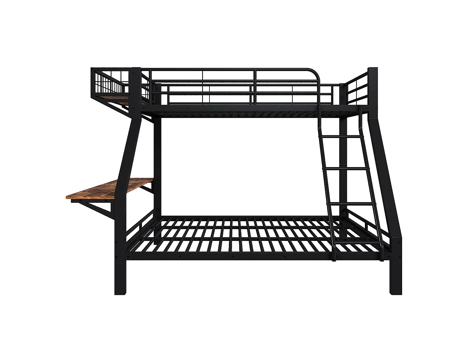 Lit superposé 90 x 200 / 140 x 200 cm avec bureau intégré et barrières de sécurité – Métal et MDF – Noir (Sans matelas)
