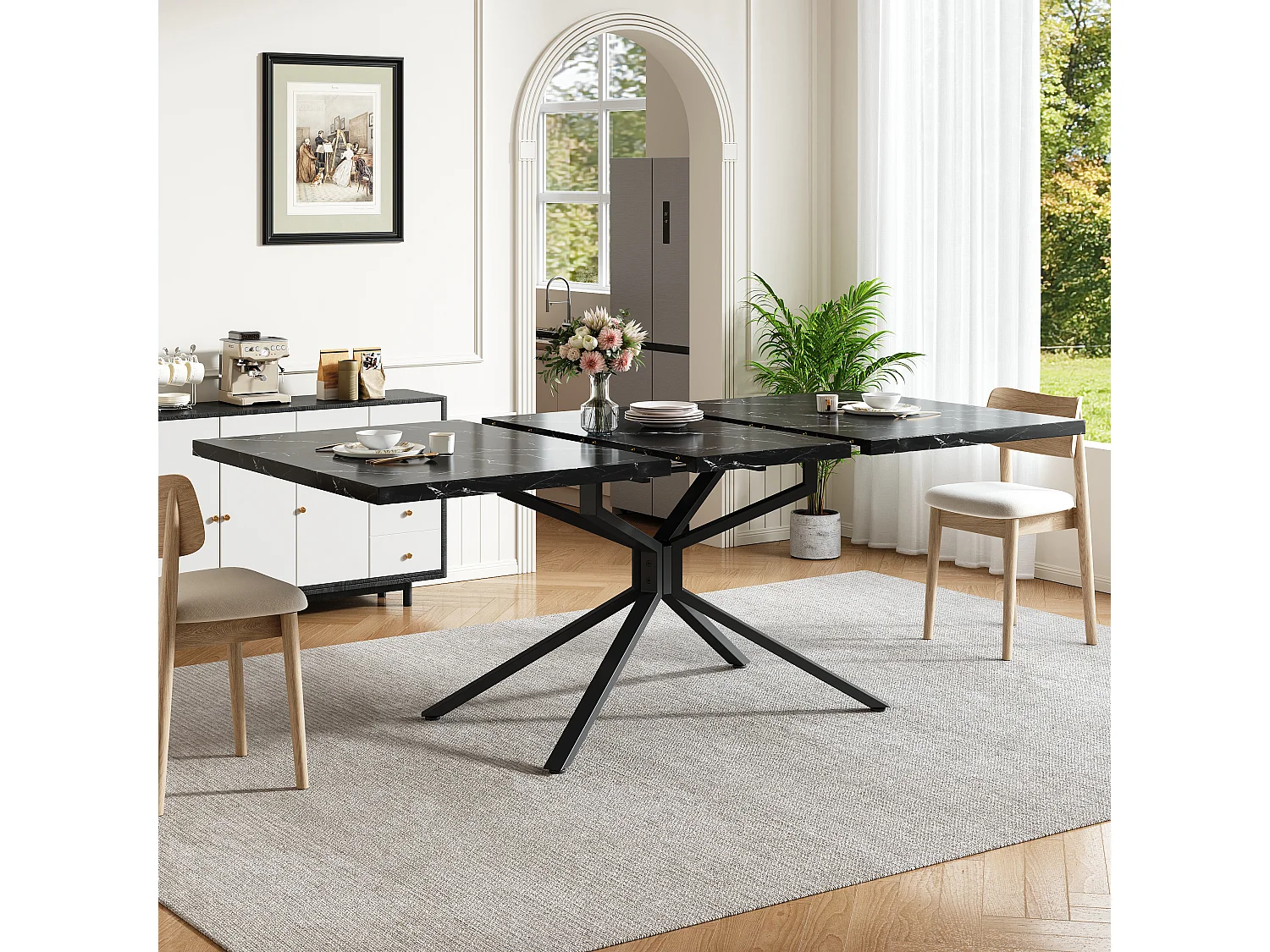 Utdragbart matbord för 4 till 6 personer, kryssfot, justerbara fötter – MDF och metall – 120-160 x 90 x 75 cm – Ljus ek