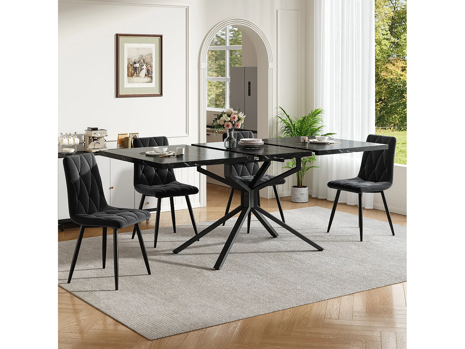 Utdragbart matbord för 4 till 6 personer, kryssfot, justerbara fötter – MDF och metall – 120-160 x 90 x 75 cm – Ljus ek