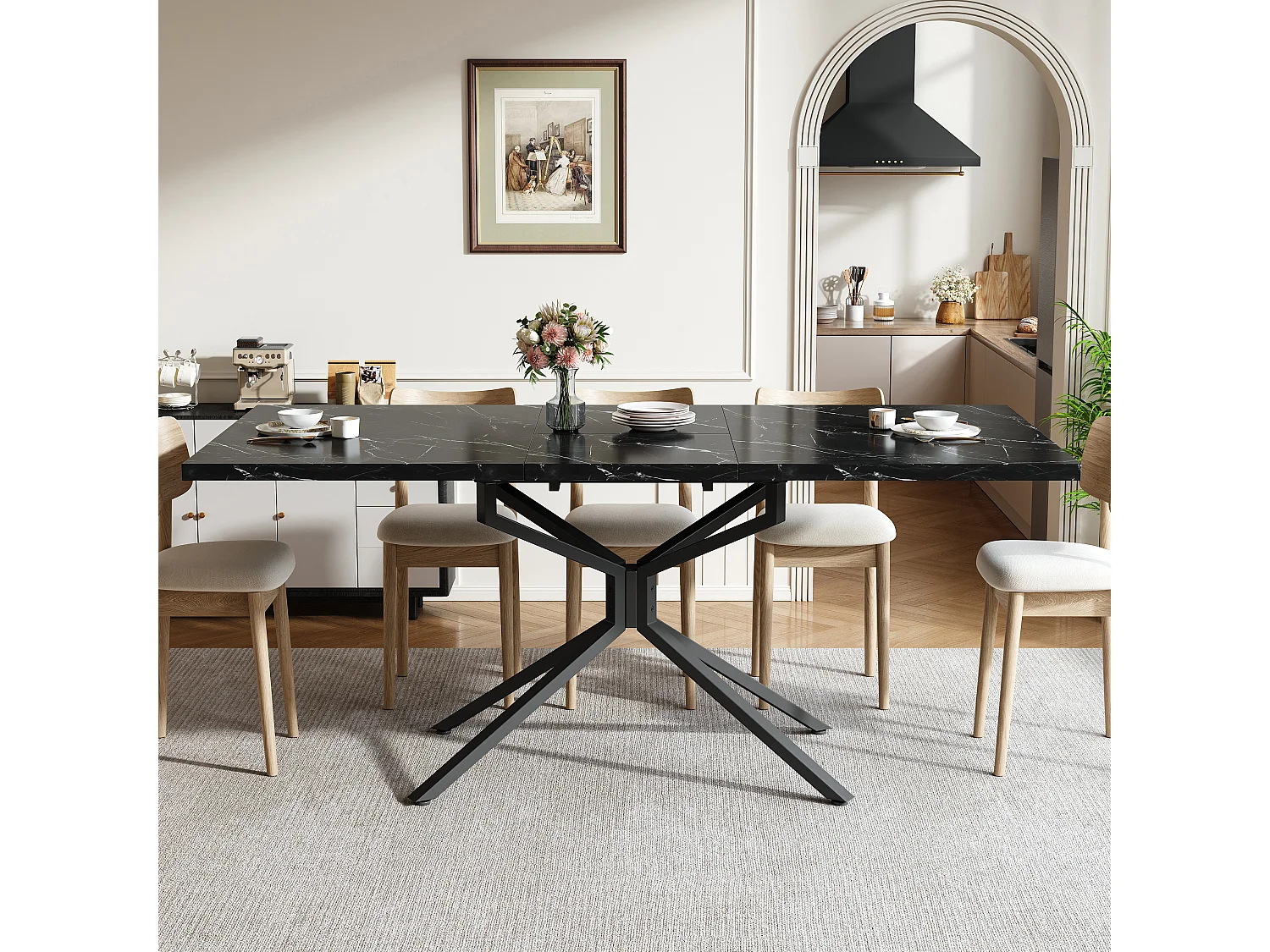 Utdragbart matbord för 4 till 6 personer, kryssfot, justerbara fötter – MDF och metall – 120-160 x 90 x 75 cm – Ljus ek