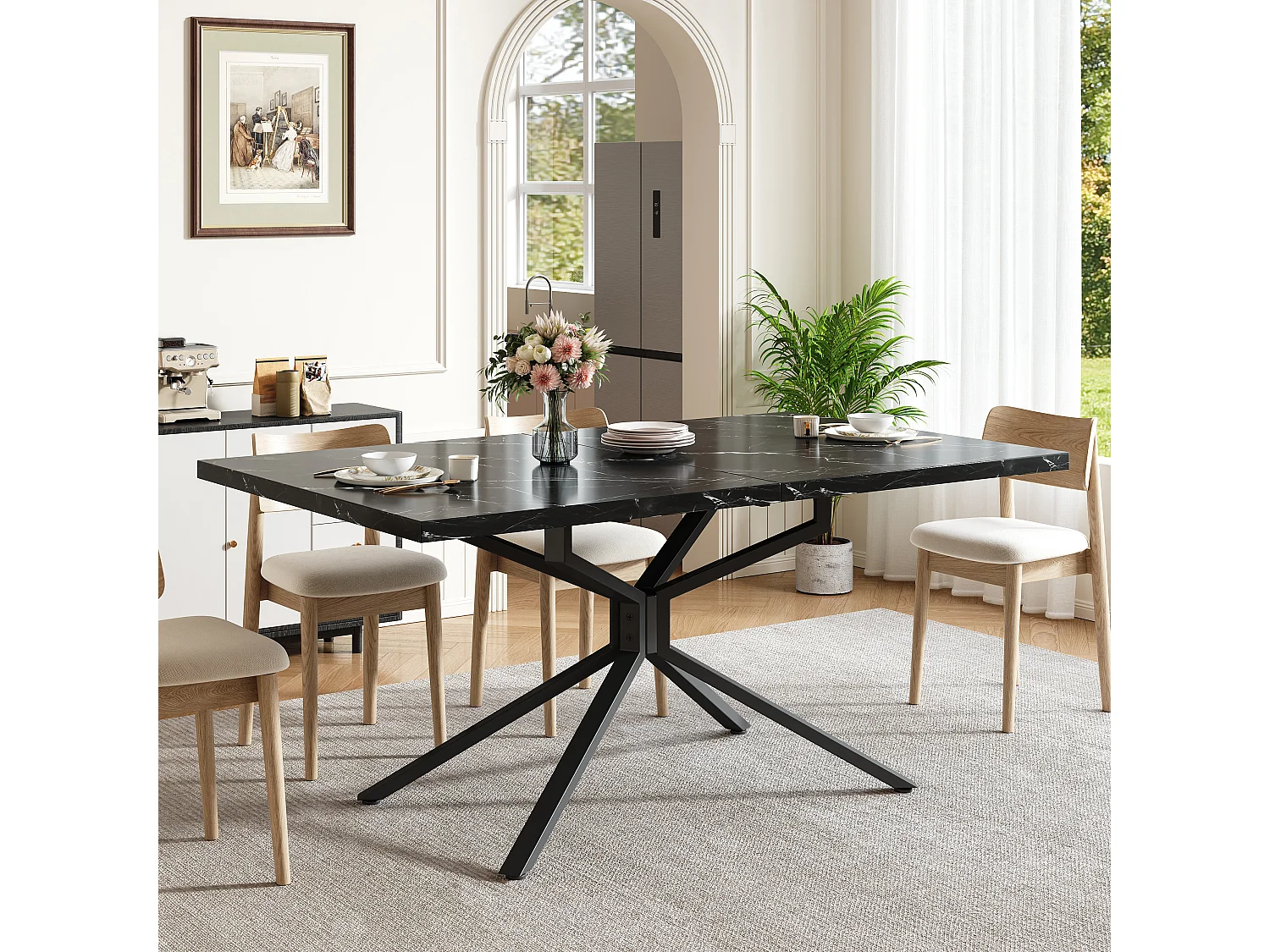 Utdragbart matbord för 4 till 6 personer, kryssfot, justerbara fötter – MDF och metall – 120-160 x 90 x 75 cm – Ljus ek